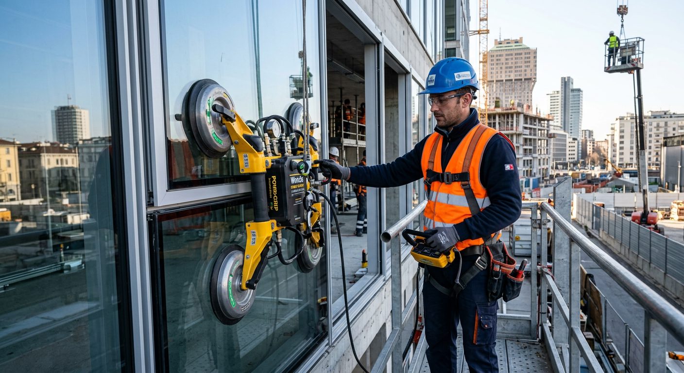 Operatore NoloVentosa con sollevatore a ventosa per posa vetro in cantiere