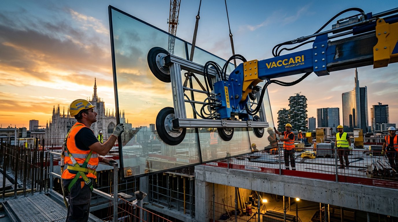Sollevatore a ventosa per vetro in cantiere a Milano — NoloVentosa
